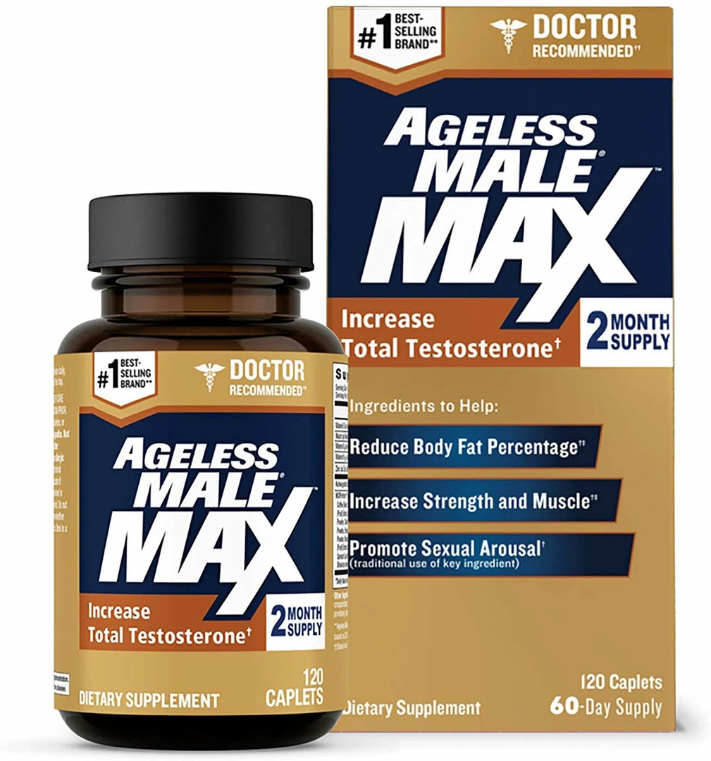 Ageless Male Max Total Testosterone Booster For Men And Nitric Oxide Booster - Improve Workouts, Reduce Fat Faster Than Exercise Alone, Support Sleep, Drive & Energy, 60ct - 1 Month Supply