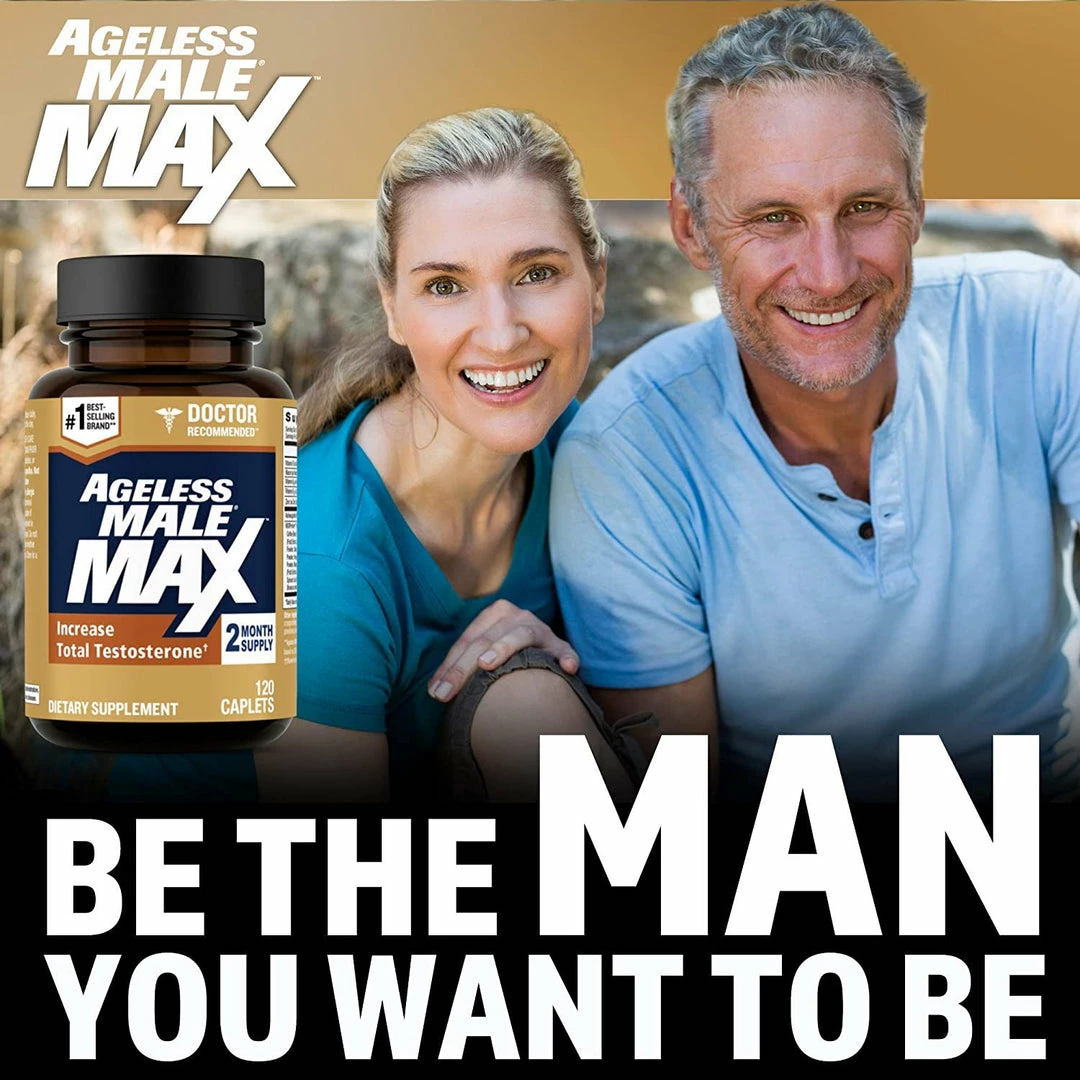 Ageless Male Max Total Testosterone Booster For Men And Nitric Oxide Booster - Improve Workouts, Reduce Fat Faster Than Exercise Alone, Support Sleep, Drive & Energy, 60ct - 1 Month Supply