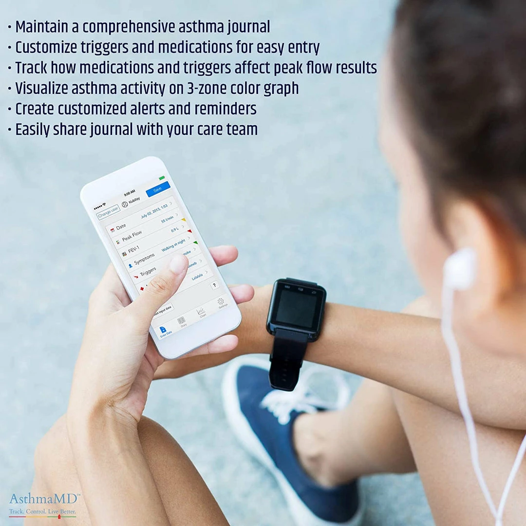 AsthmaMD Lung Performance Peak Flow Meter - Includes Downloadable Free Tracking App Accessories