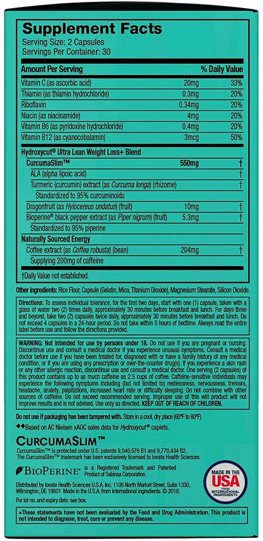 HYDROXYCUT Ultra Lean - Healthy Weight Loss - Boost Metabolism - 60 Capsules - Exp. 2/2023