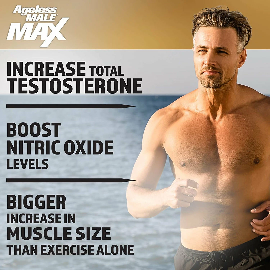 Ageless Male Max Total Testosterone Booster For Men And Nitric Oxide Booster - Improve Workouts, Reduce Fat Faster Than Exercise Alone, Support Sleep, Drive & Energy, 60ct - 1 Month Supply