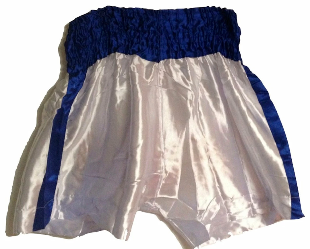 MUAY KICKBOXING "THAI BOXING" SHORTS TBS-WHITE W/ BLUE STRIPES Apparel