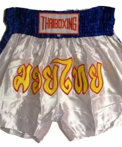 MUAY KICKBOXING "THAI BOXING" SHORTS TBS-WHITE W/ BLUE STRIPES Apparel