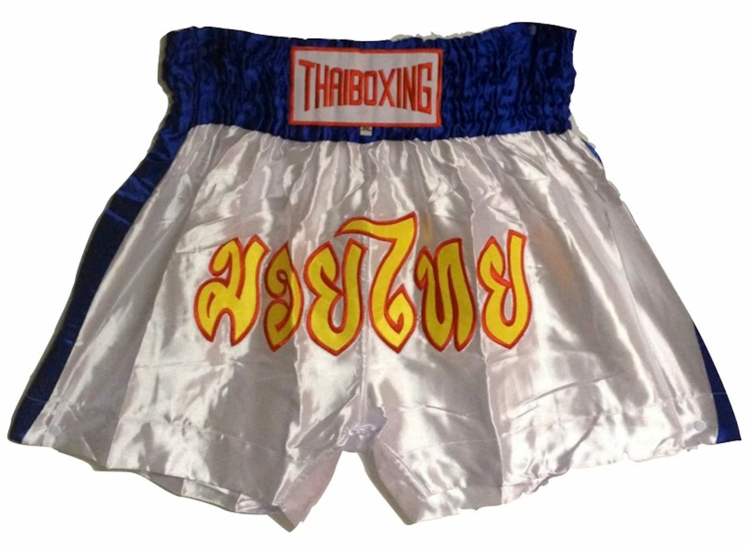 MUAY KICKBOXING "THAI BOXING" SHORTS TBS-WHITE W/ BLUE STRIPES Apparel