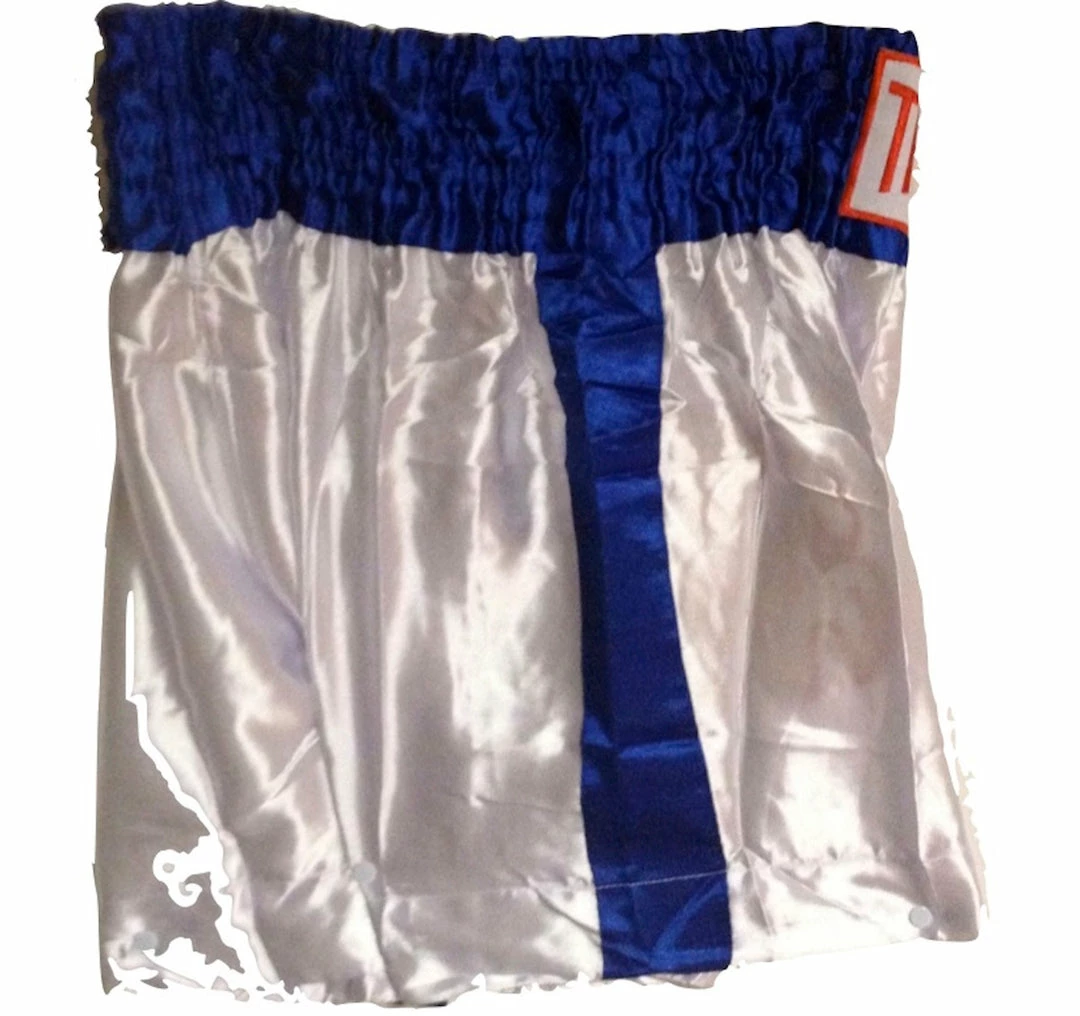 MUAY KICKBOXING "THAI BOXING" SHORTS TBS-WHITE W/ BLUE STRIPES Apparel