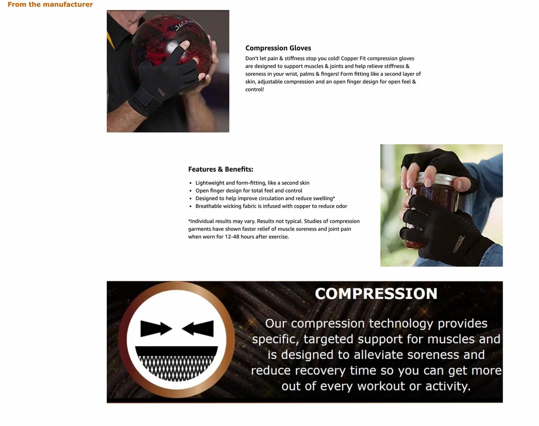 Copper Fit Hand Relief Compression Gloves - Helps Relieve Stiffness & Soreness In Your Wrist - As Seen On TV -