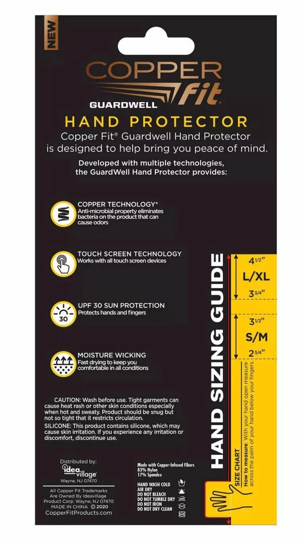 Copper Fit Guardwell Hand Protector Gloves - Black - One Pair