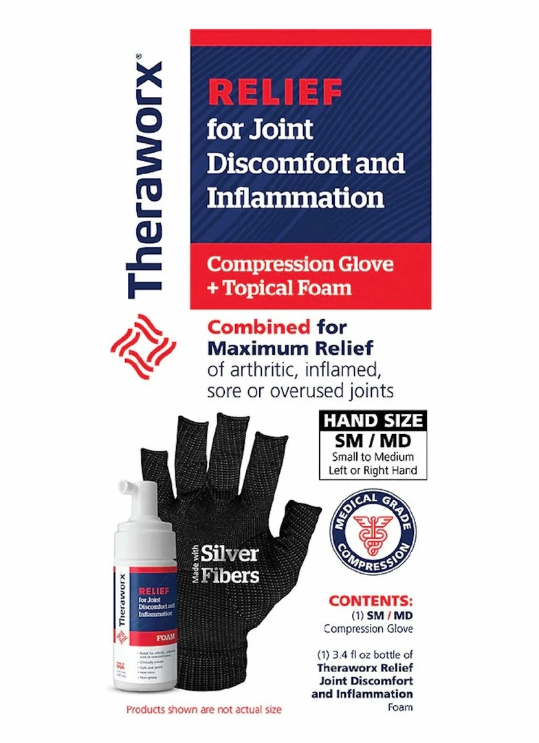 Theraworx Relief Joint Discomfort & Inflammation Foam - 1 Compression Glove & 3.4oz Bottle Foam (S/M) Accessories