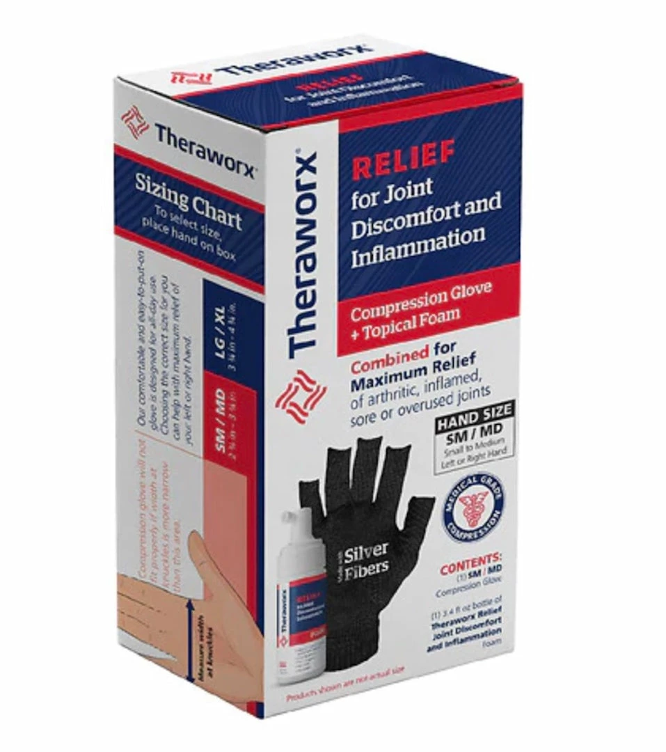 Theraworx Relief Joint Discomfort & Inflammation Foam - 1 Compression Glove & 3.4oz Bottle Foam (S/M) Accessories