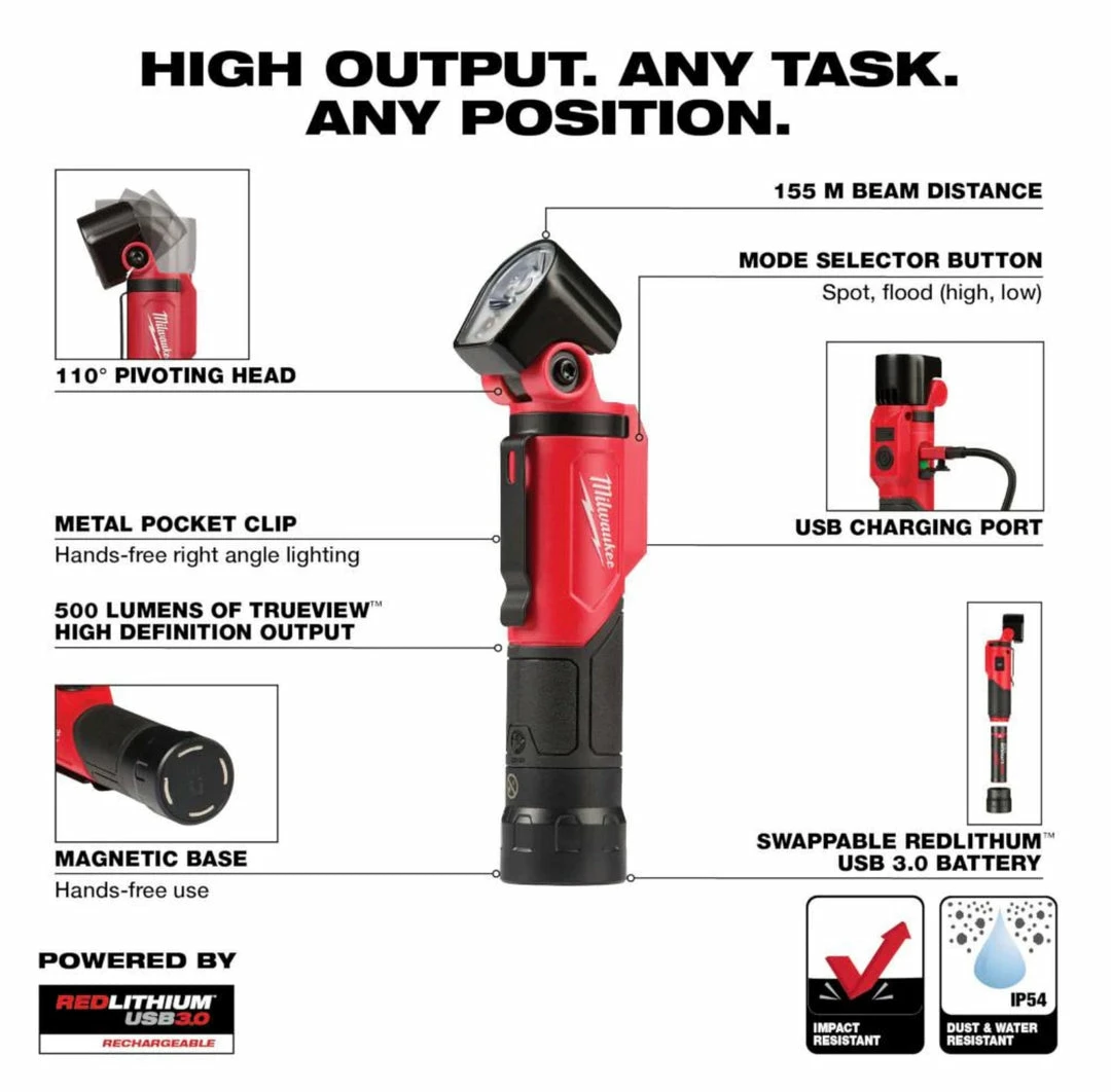 MILWAUKEE 500 Lumens LED Pivoting Redlithium USB Flashlight