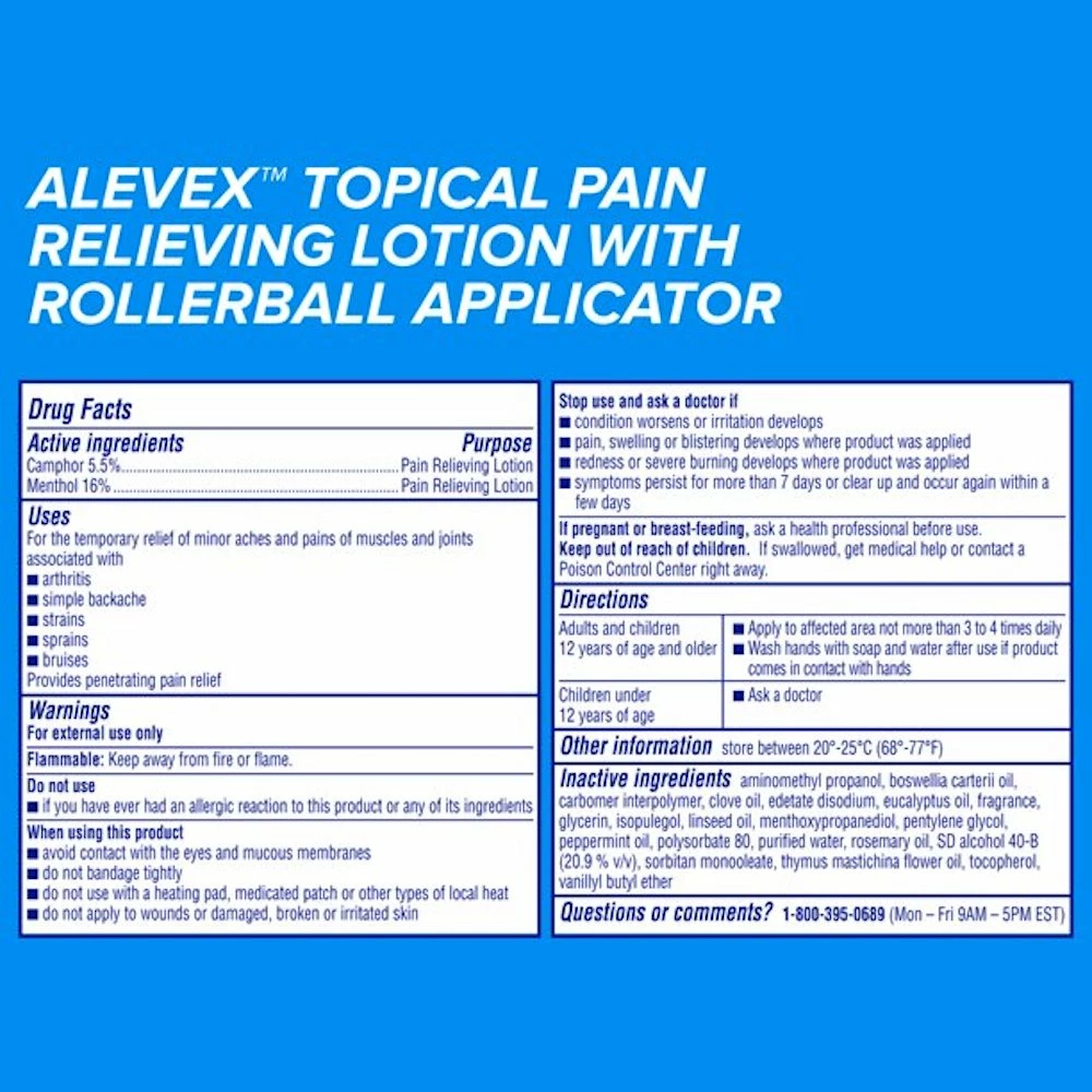 Alevex Pain Relieving Lotion - Max Strength Menthol - Massaging Stainless Steel Roll-On With Rollerball Applicator