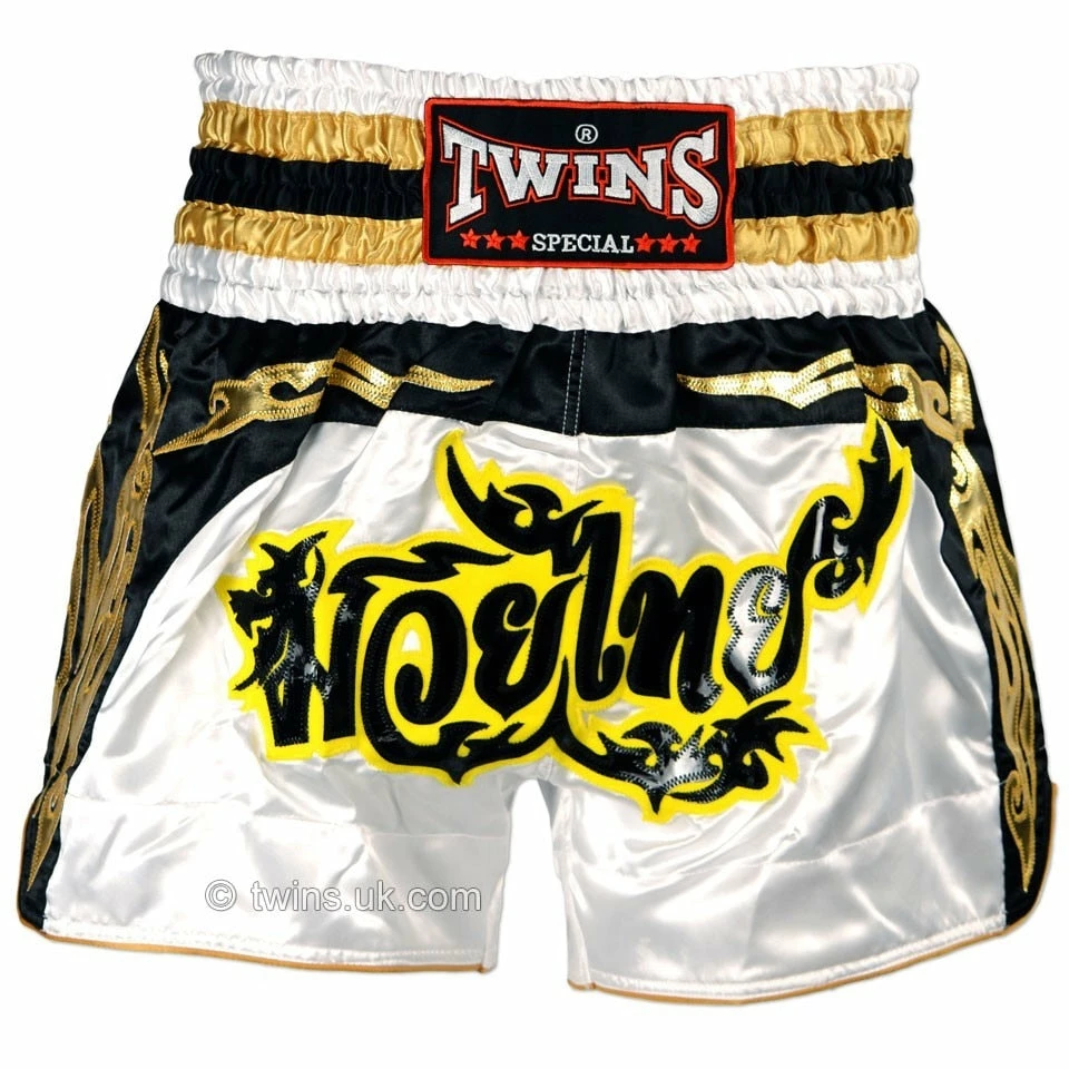 Twins Special Muay Thai Kickboxing Shorts - TWS-857 - White & Gold Muay Thai Shorts